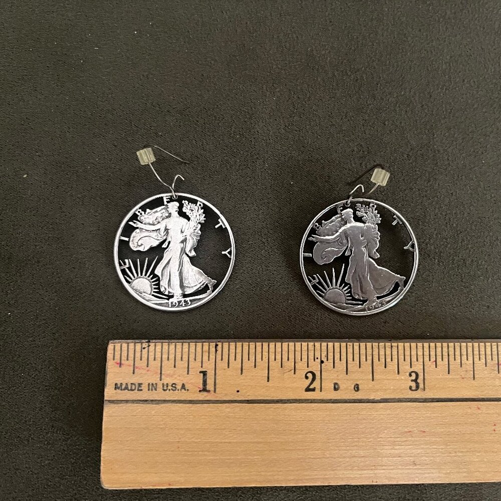 Walking Liberty Silver Coin Cutout Earrings 1943 - Picture 3 of 7